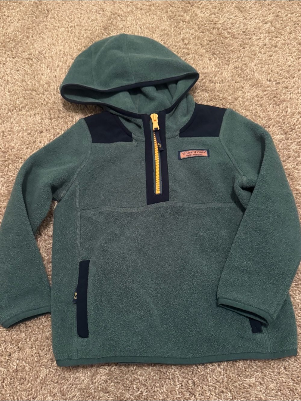Vineyard Vines Kids Forest Green Hoodie with Navy Trim and Yellow Zip